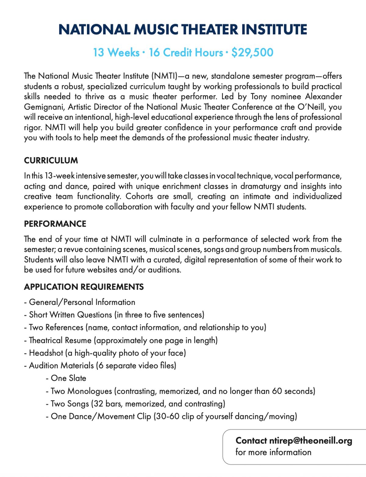 National Music Theater Institute Fall 2026 Semester