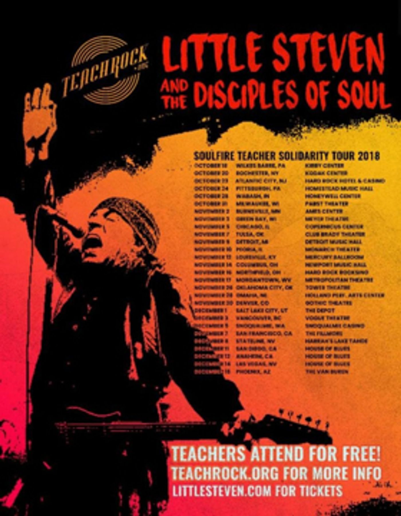 Steven Van Zandt Announces 'Soulfire Teacher Solidarity Tour 2018'  Image