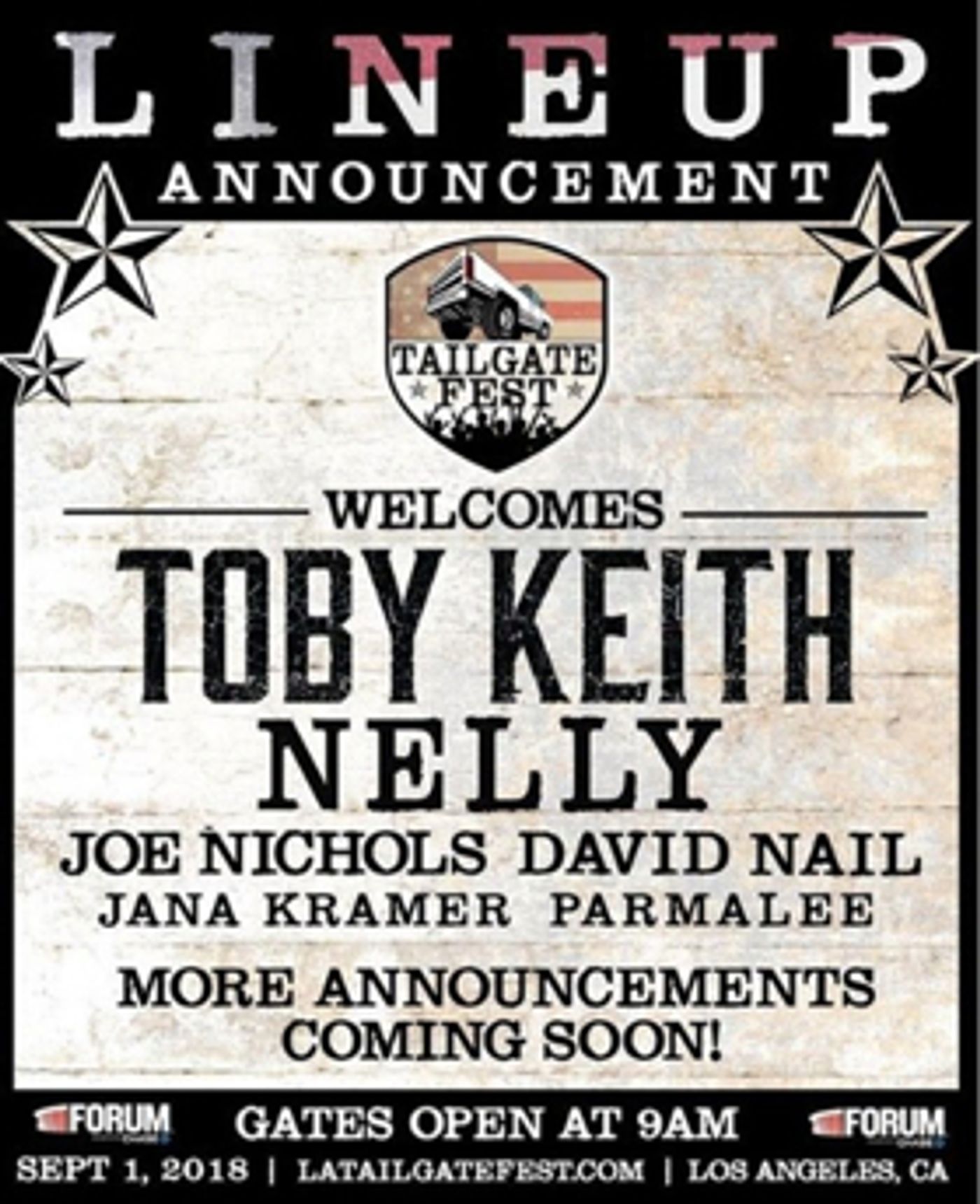 Toby Keith, Nelly, Joe Nichols, David Nail, Jana Kramer, Parmalee Added to LA's TAILGATE FEST LINEUP  Image