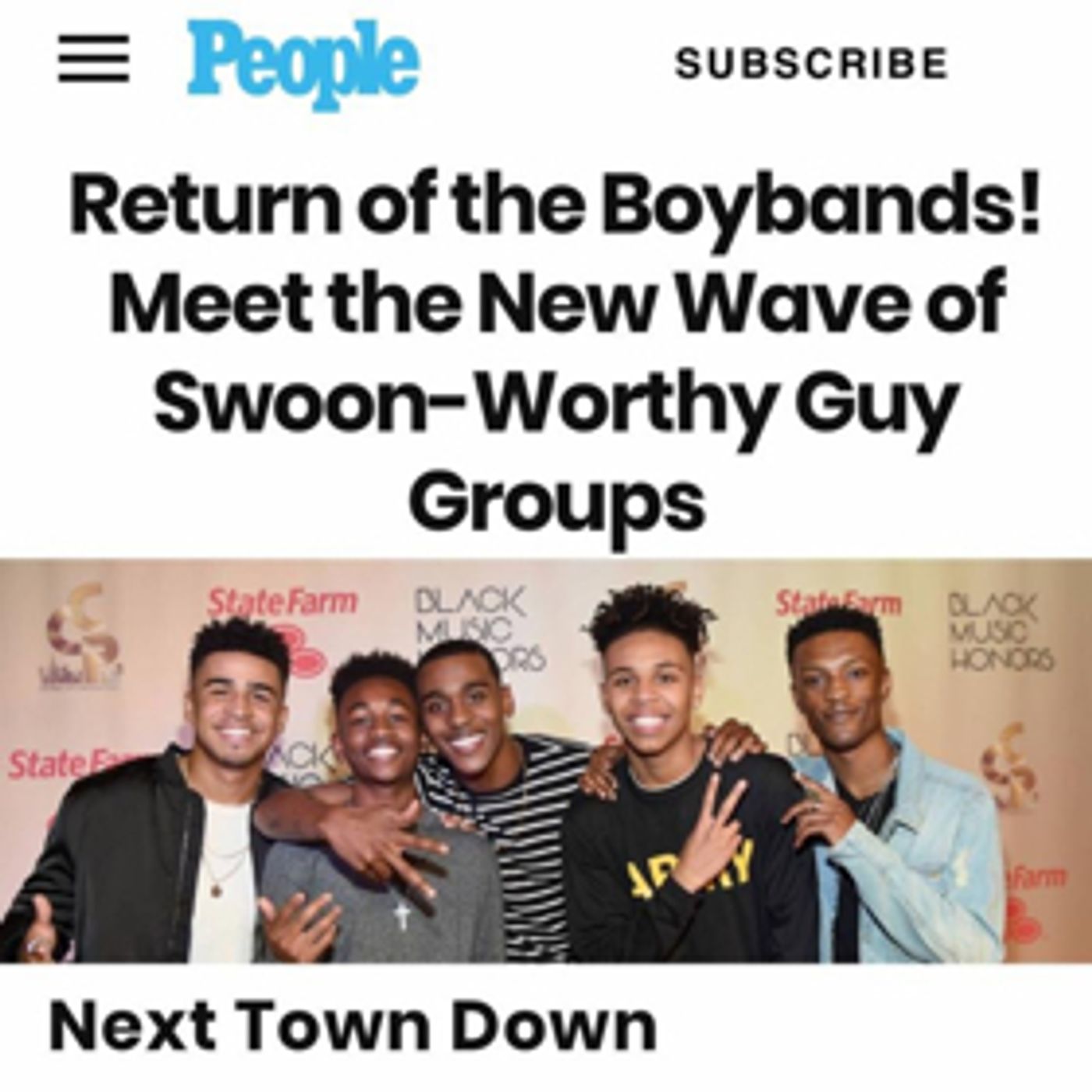 Next Town Down Joins People's List of Swoon-Worthy Guys Groups Next Town Down Joins People's List of Swoon-Worthy Guys Groups Image