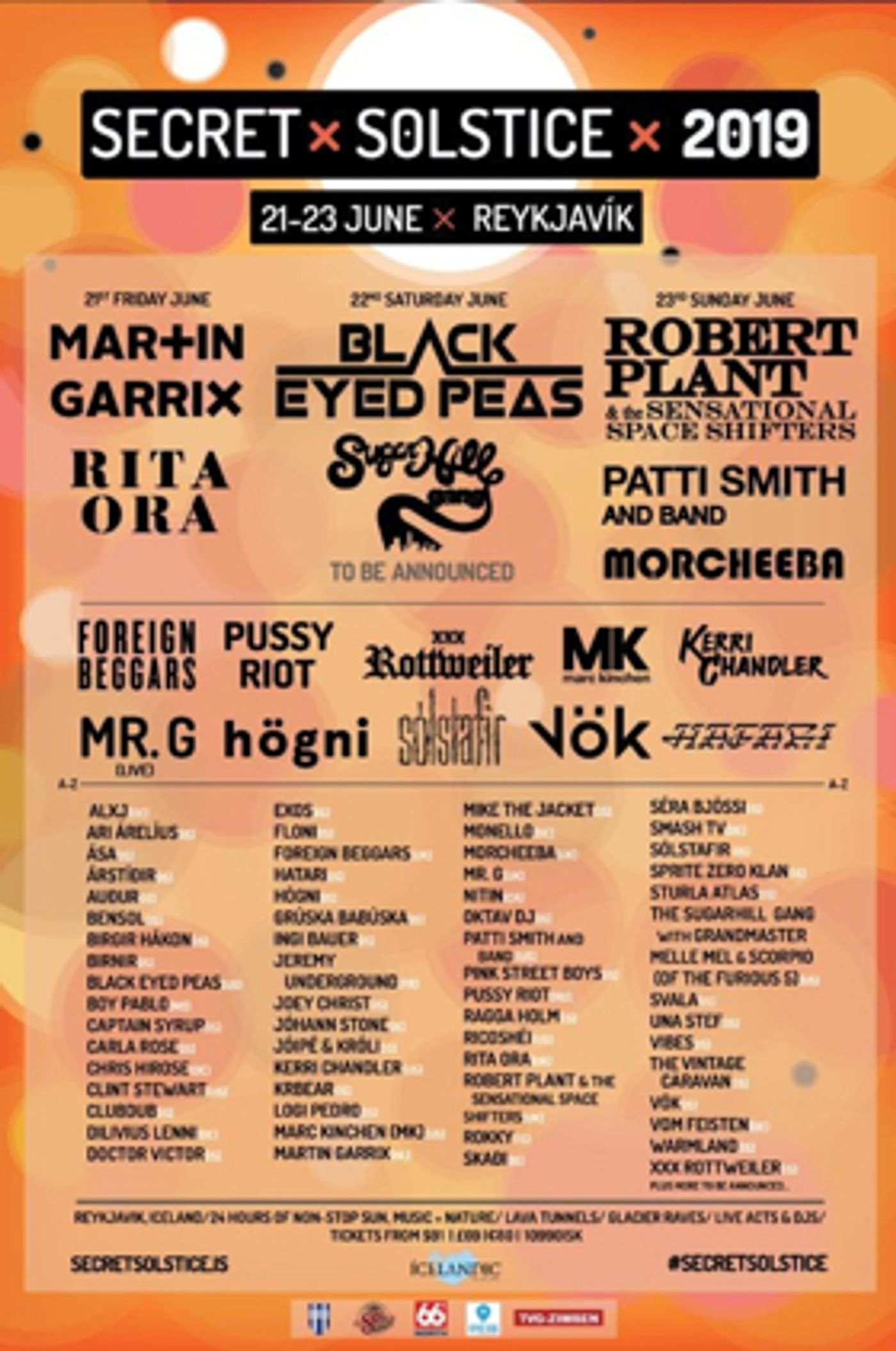 Iceland's Secret Solstice 2019 Announces Phase 2 Lineup With Black Eyed Peas, The Sugarhill Gang, Patti Smith and More Iceland's Secret Solstice 2019 Announces Phase 2 Lineup With Black Eyed Peas, The Sugarhill Gang, Patti Smith and More Image