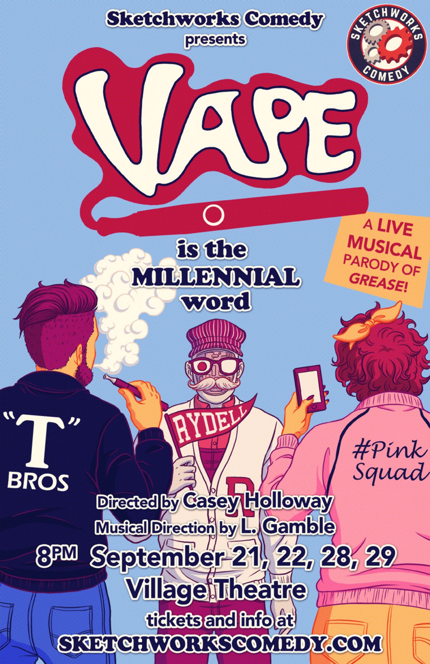Interview: “Being Comedians, we had to poke holes.” Director Casey Holloway and Musical Director L. Gamble discuss parodying a classic in VAPE at Sketchworks Comedy  Image