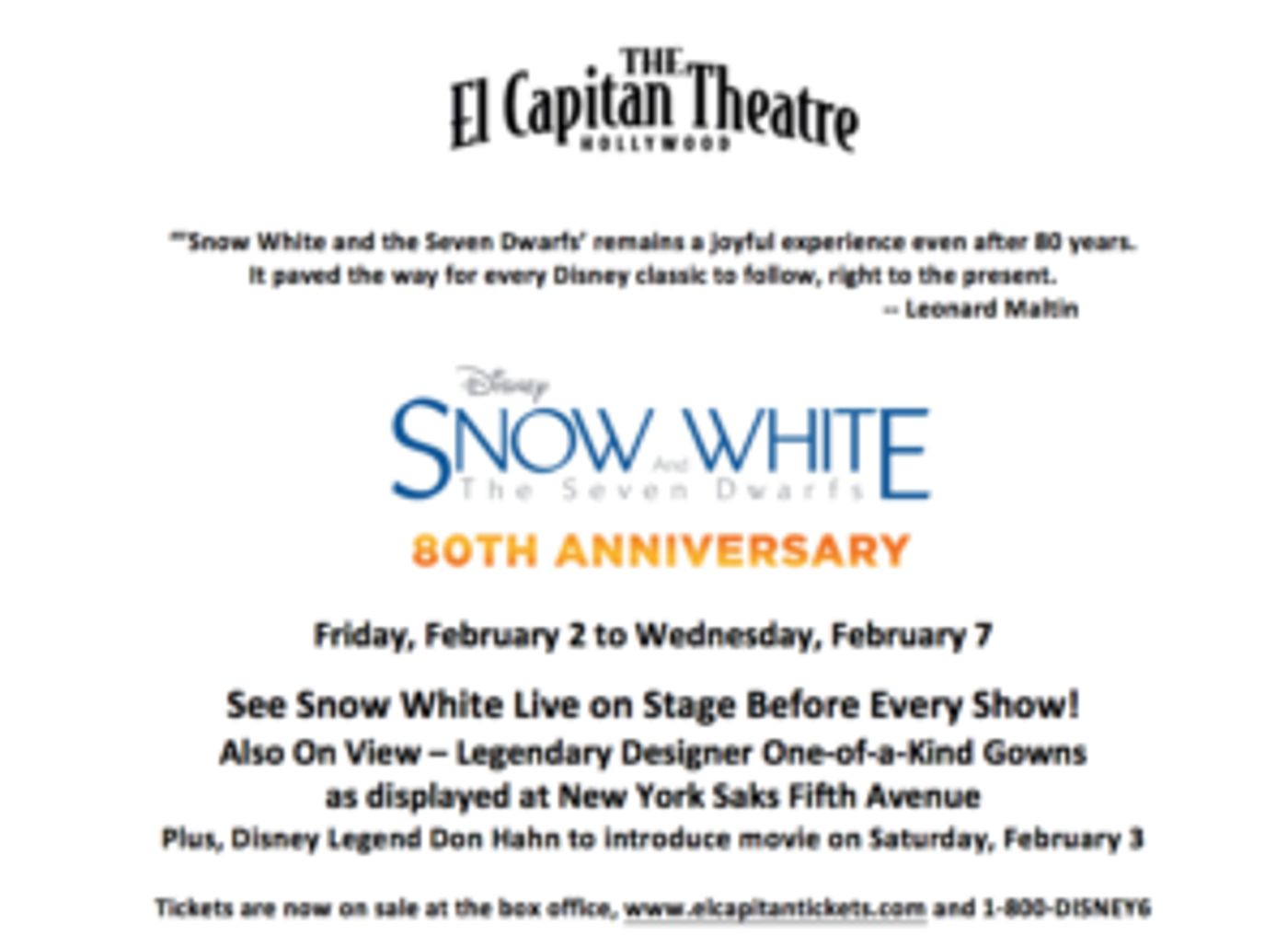 Celebrate the 80th Anniversary Of Disney's SNOW WHITE at El Capitan  Image