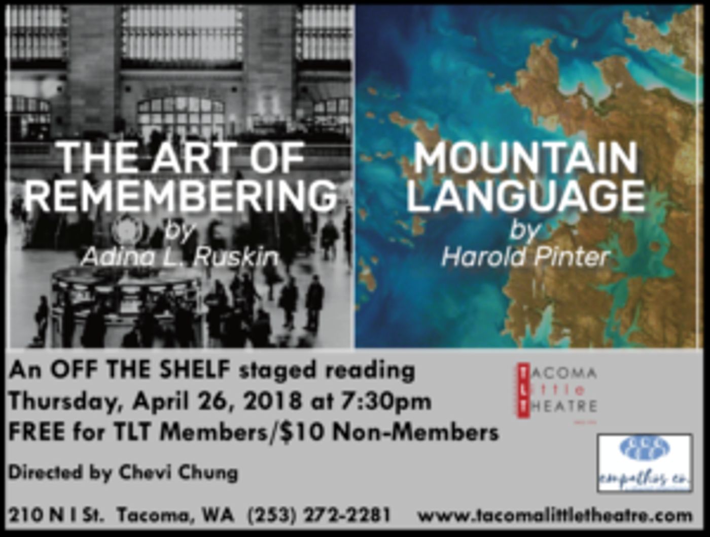 Tacoma Little Theatre And Emathos Co. Present THE ART OF REMEMBERING & MOUNTAIN LANGUAGE  Image