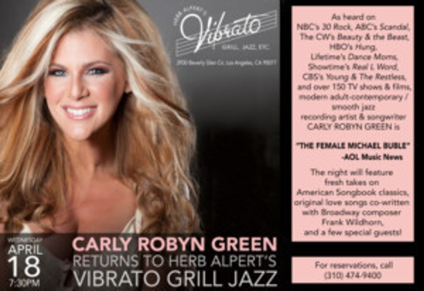 Carly Robyn Green Returns To Herb Alpert's Vibrato Grill Jazz, 4/18  Image