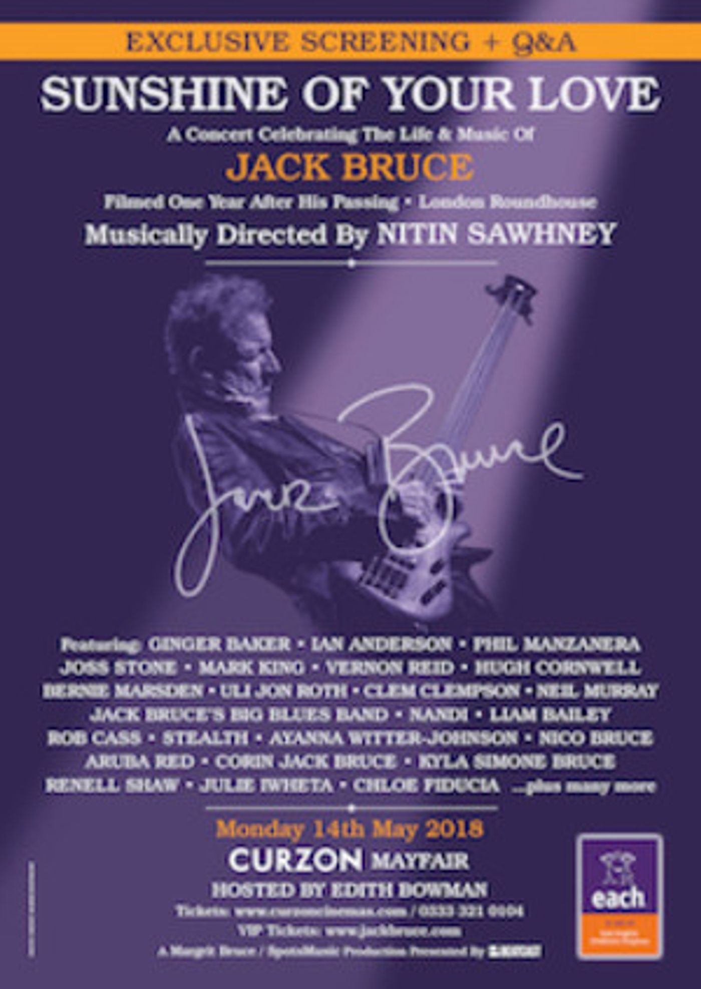 Jack Bruce's SUNSHINE OF YOUR LOVE to Screen at Curzon Mayfair  Image