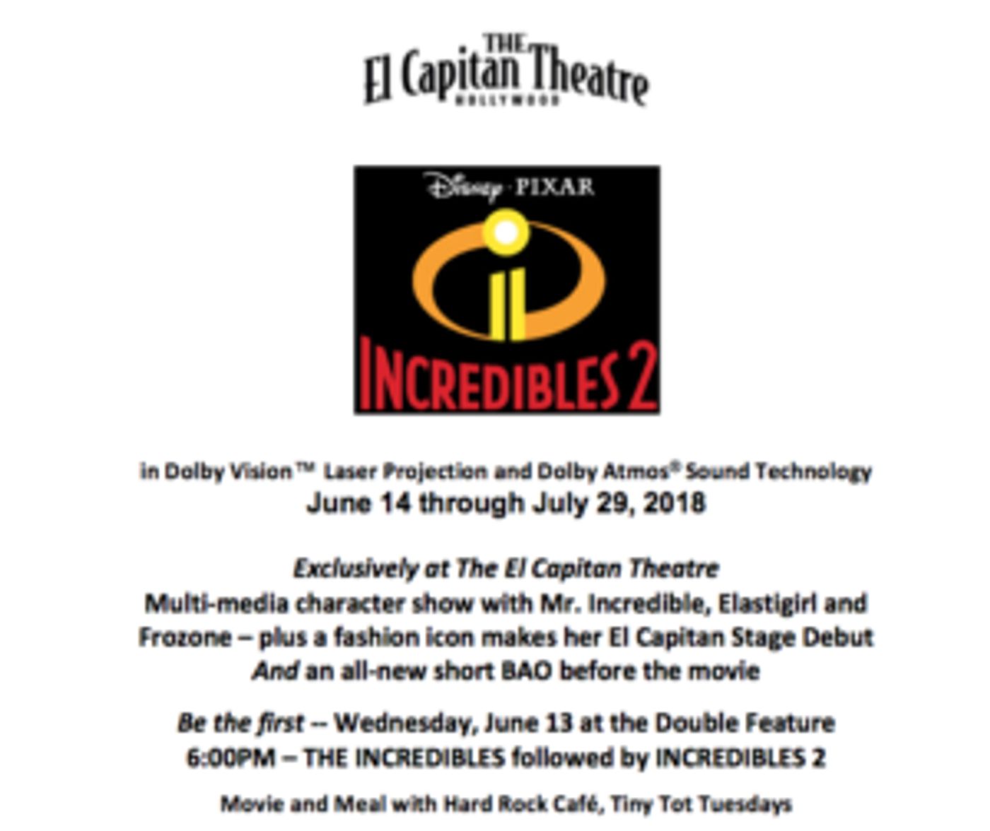Disney Pixar's INCREDIBLES 2 Comes to El Capitan Theatre - 6/14 - 7/29  Image