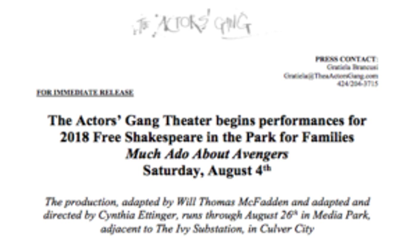 The Actors' Gang Announces 2018 Free Shakespeare In The Park  Image