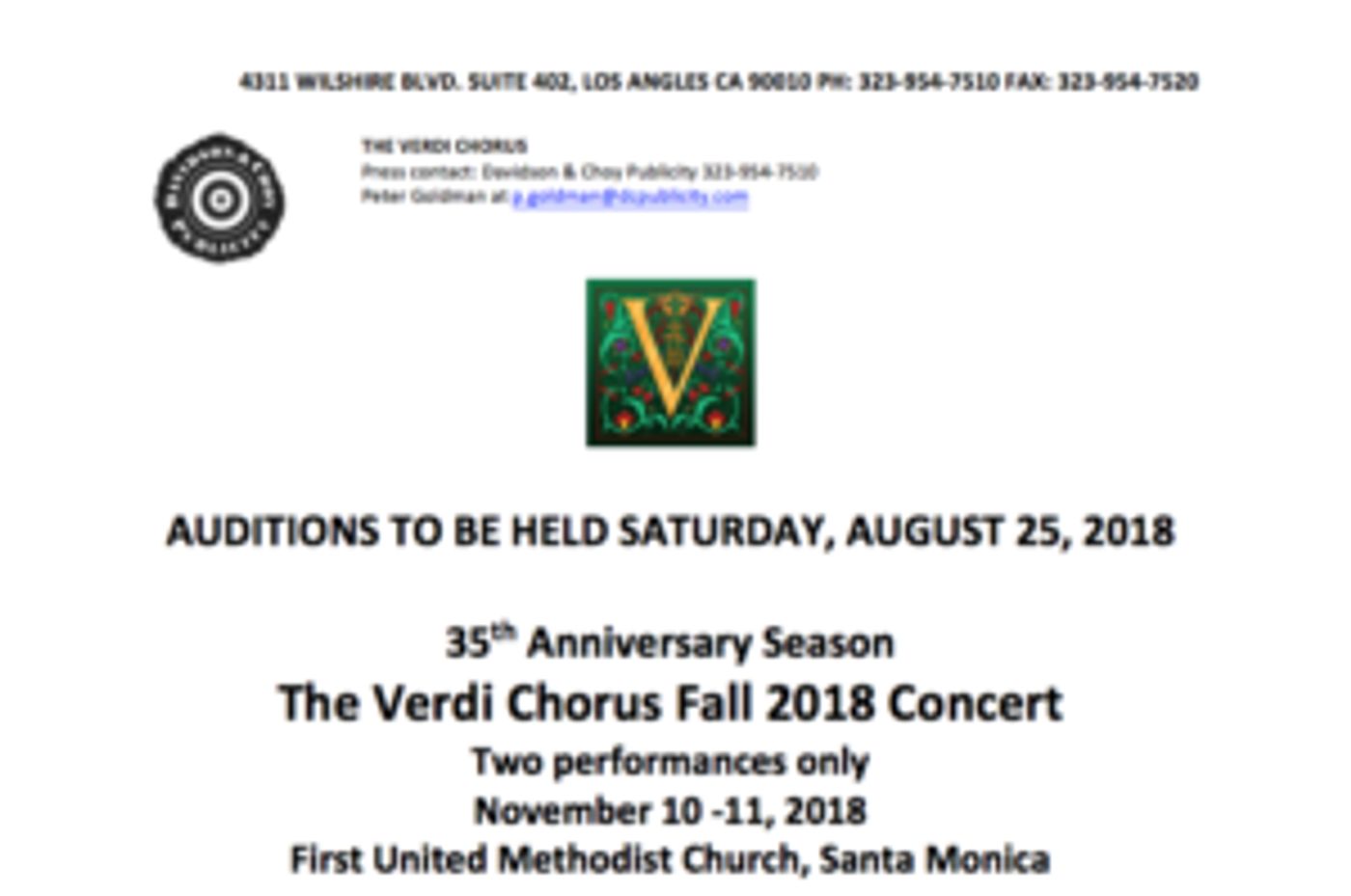 Auditions Announced for Verdi Chorus Fall Concert in Santa Monica  Image