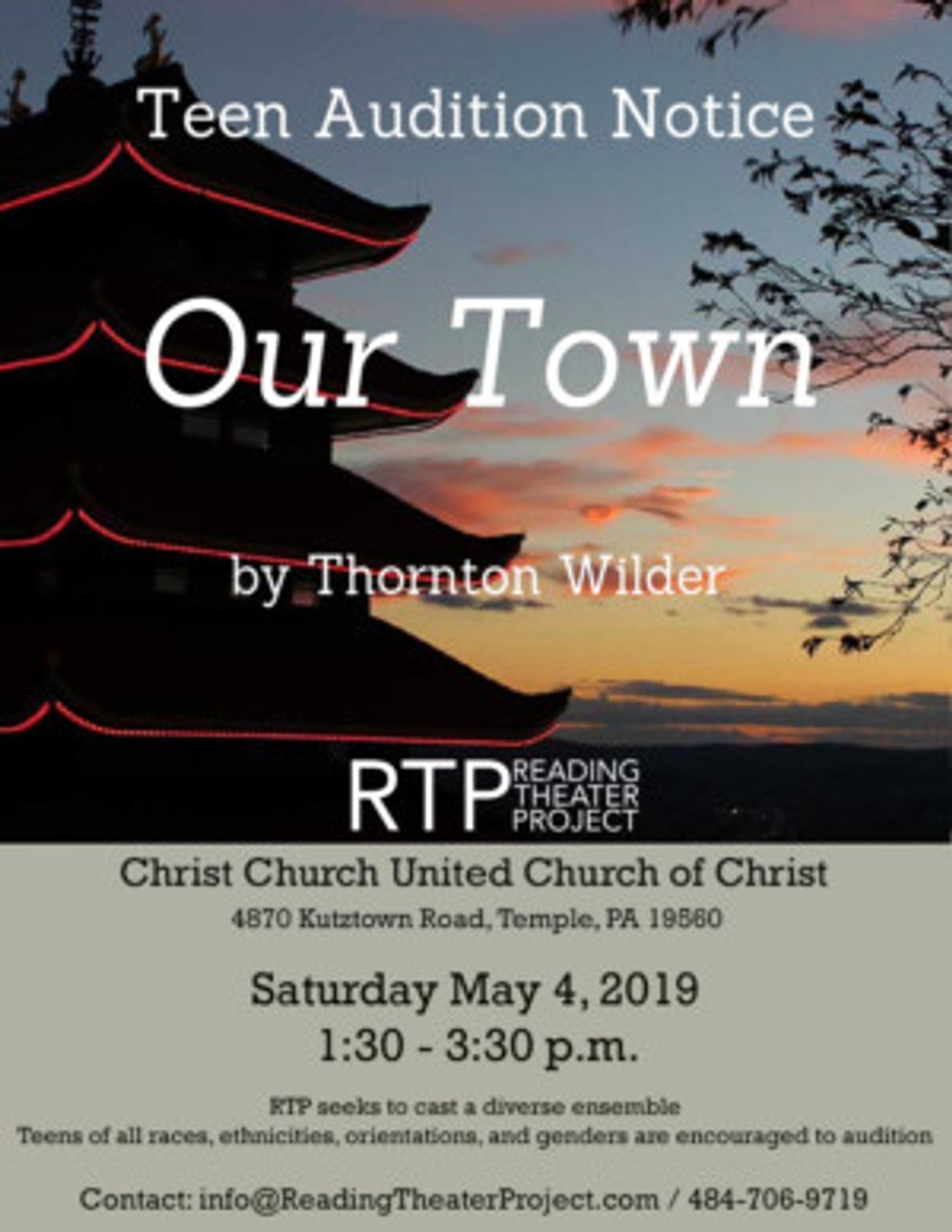 Reading Theater Project Holds OUR TOWN Teen Auditions  Image