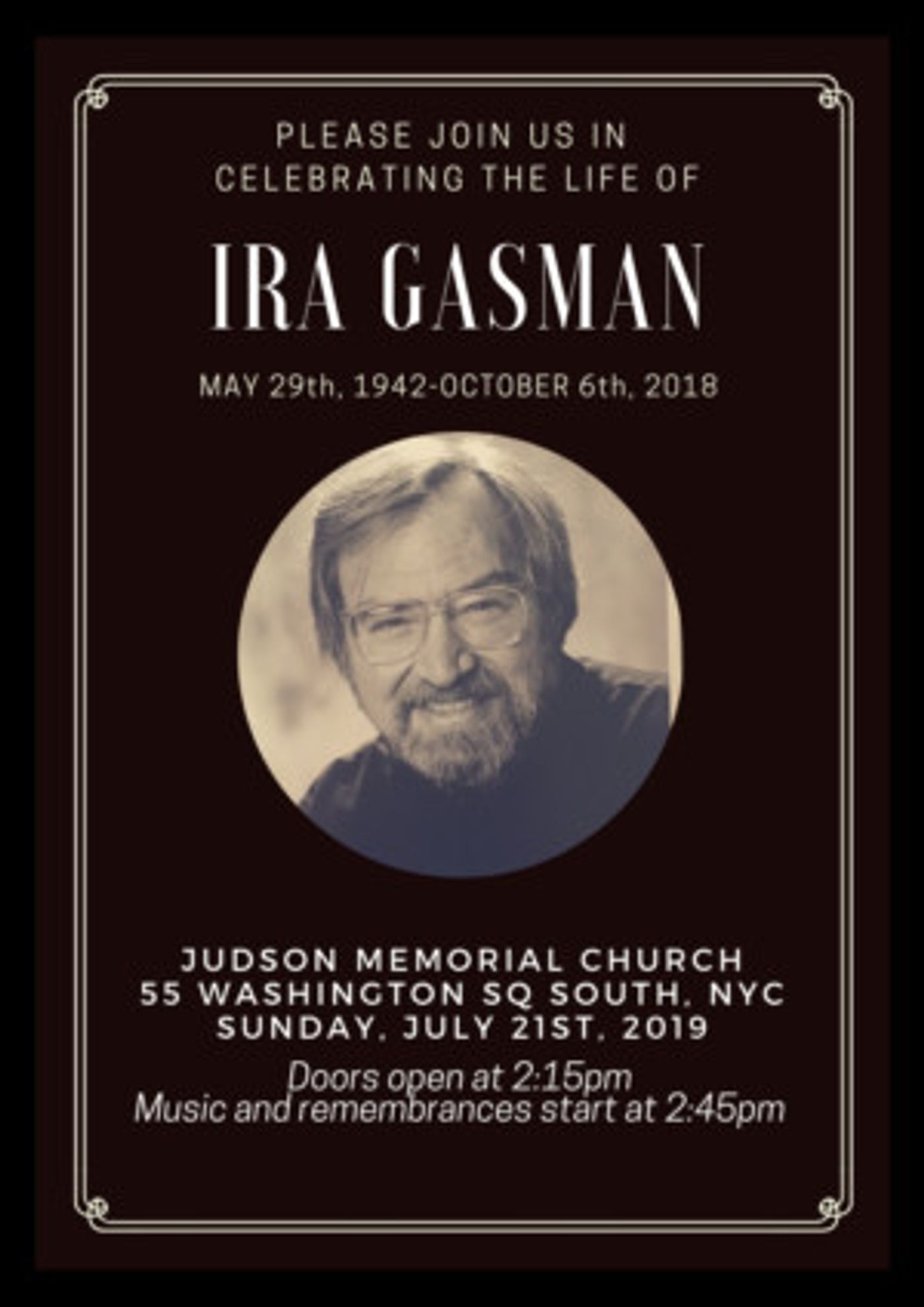 Memorial Will Be Held For Ira Gasman This Summer  Image