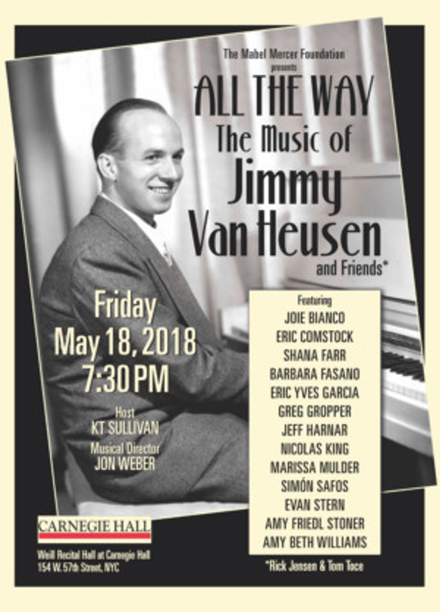 ALL THE WAY: THE MUSIC OF JIMMY VAN HEUSEN & FRIENDS To Resound At Carnegie Hall's Weill Recital Venue On May 18th  Image
