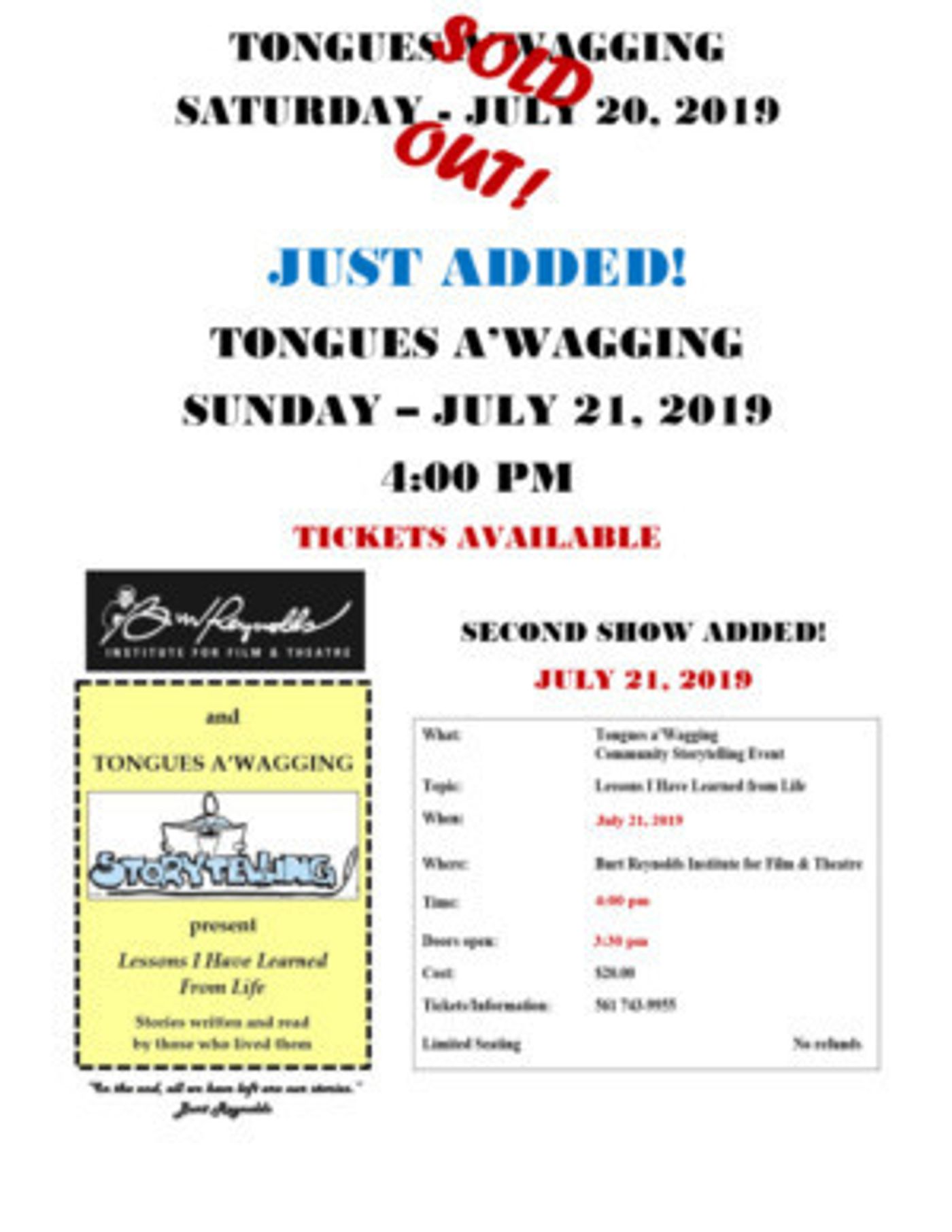 Burt Reynolds Institute Adds Second TONGUES A'WAGGING Show  Image