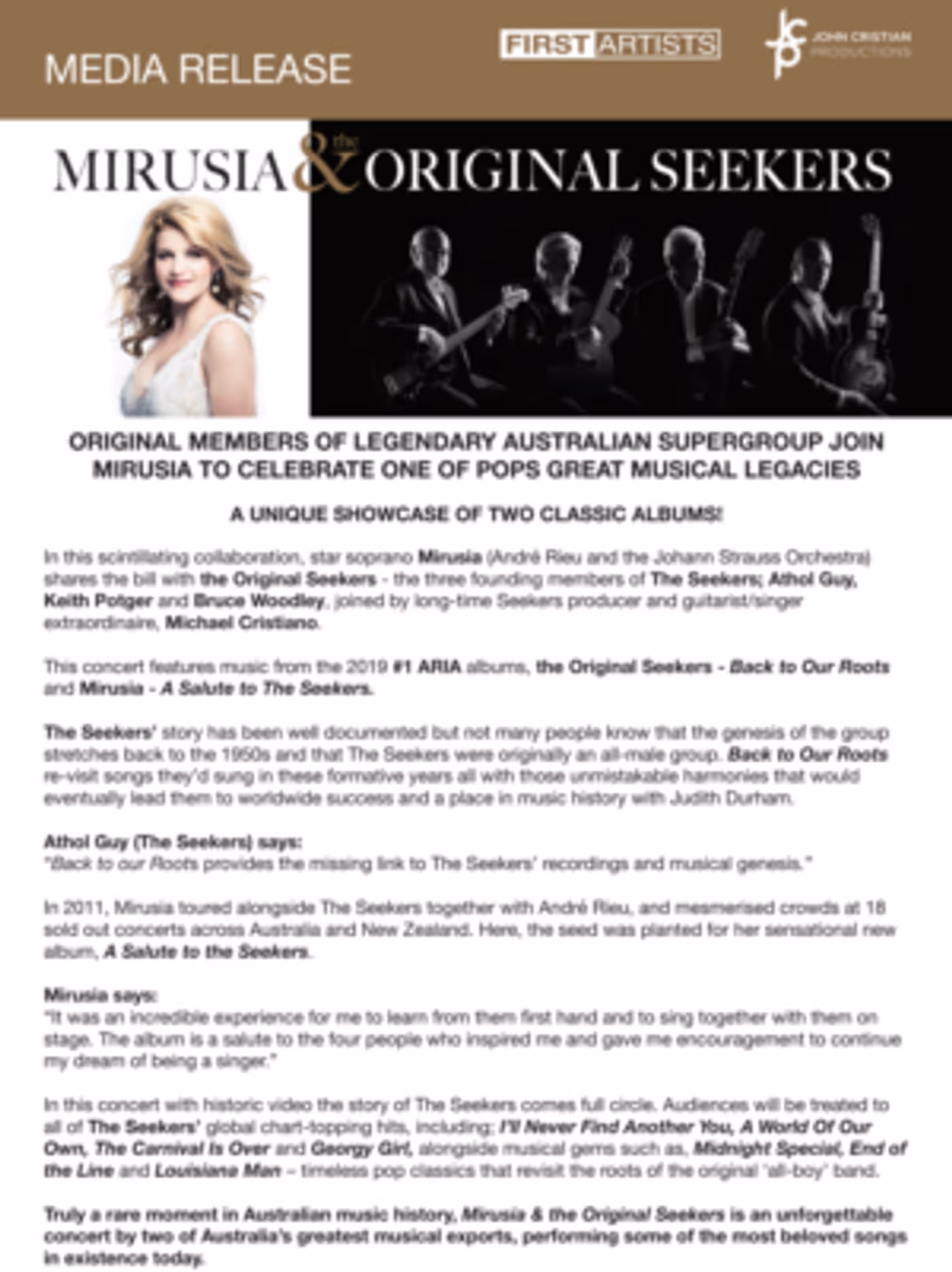 Original Members Of Legendary Australian Supergroup Join Mirusia To Celebrate One Of Pops Great Musical Legacies  Image