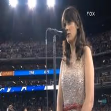 STAGE TUBE: Broadway-Bound Zooey Deschanel Sings the National Anthem at Game 3 of…