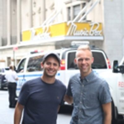FREEZE FRAME: Benj Pasek and Justin Paul with DEAR EVAN HANSEN Broadway Marquee