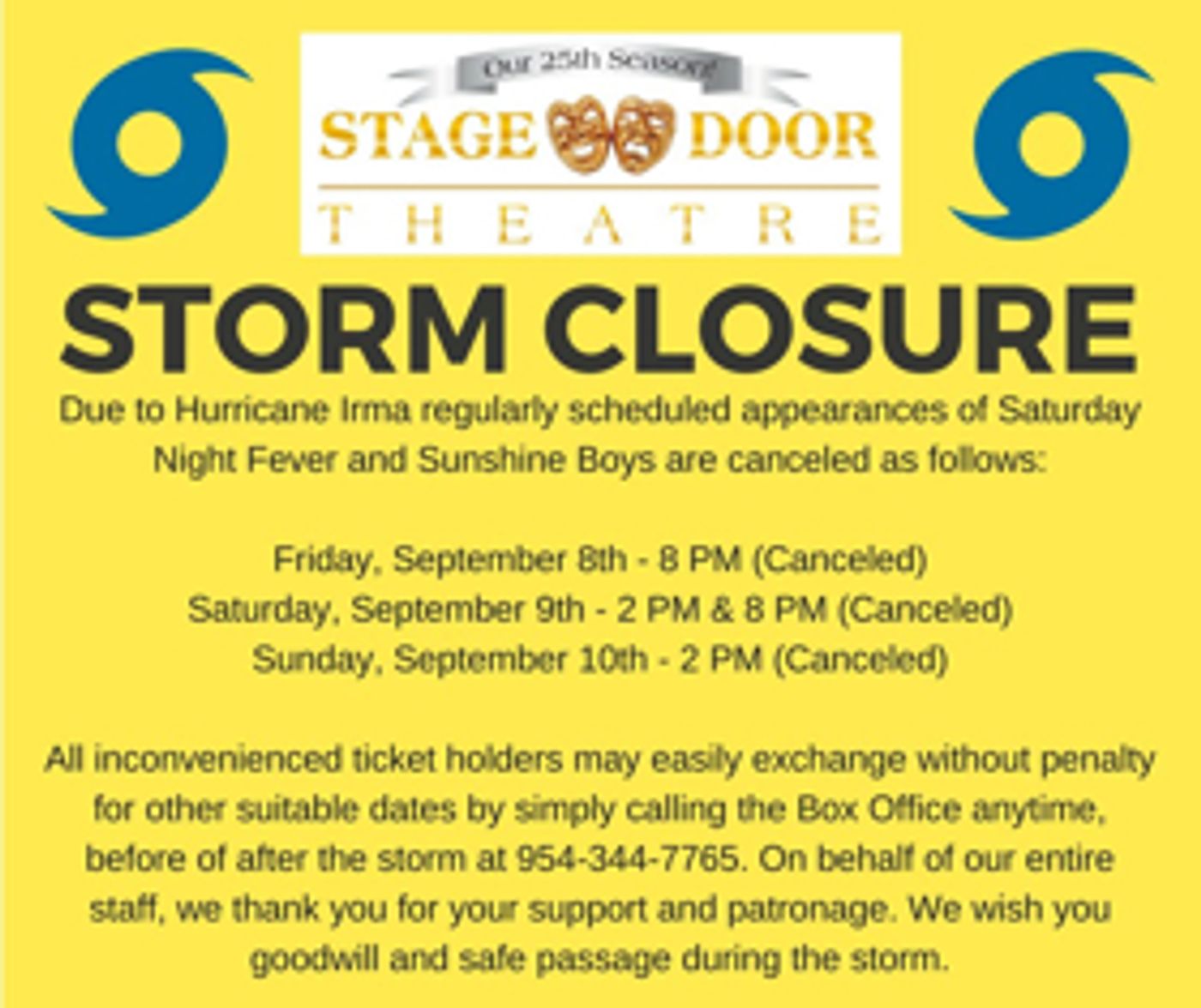 Stage Door Theatre Cancels Weekend Shows Due to Hurricane Irma  Image