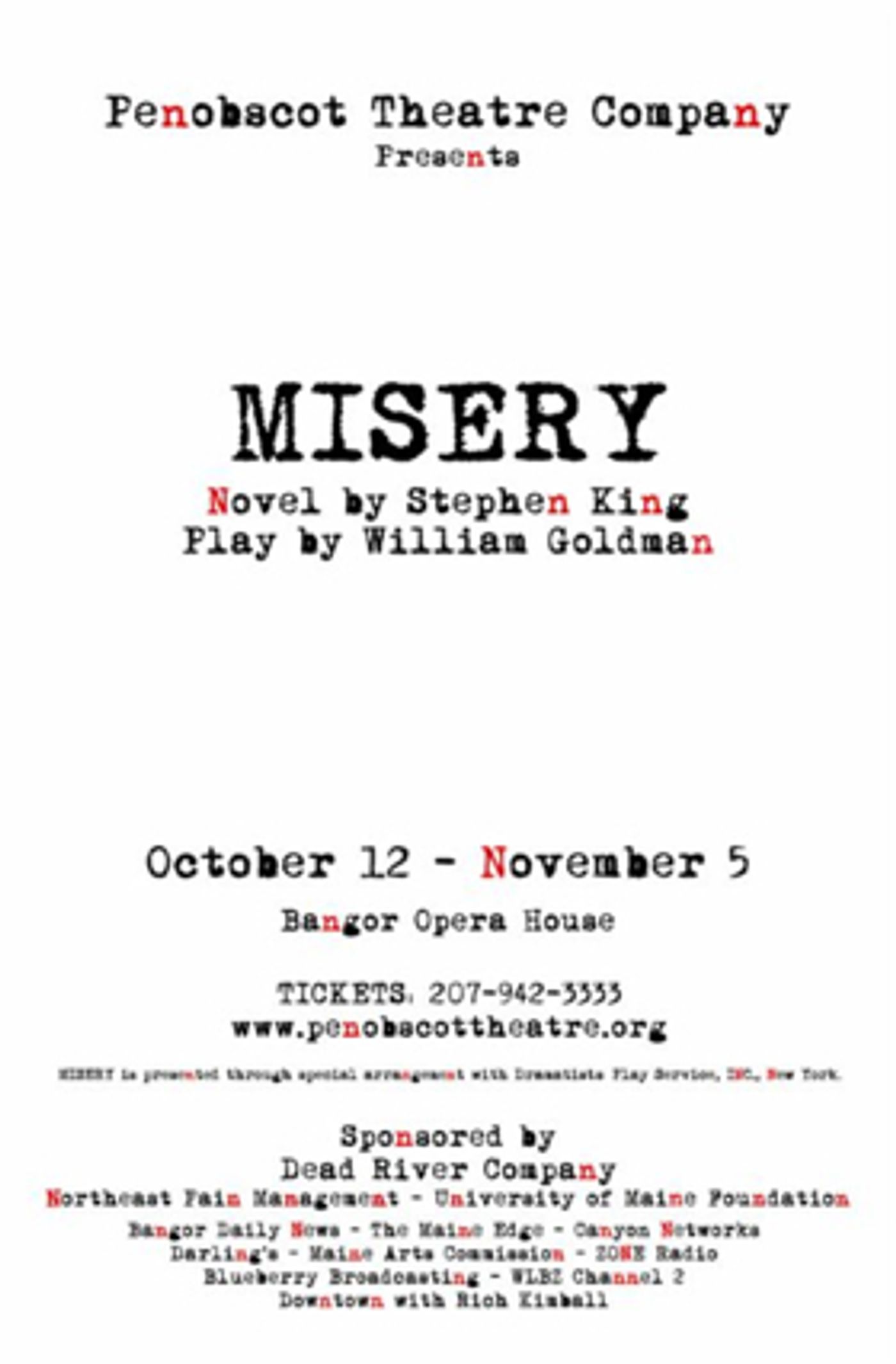 MISERY to Take the Stage in Stephen King's Hometown  Image