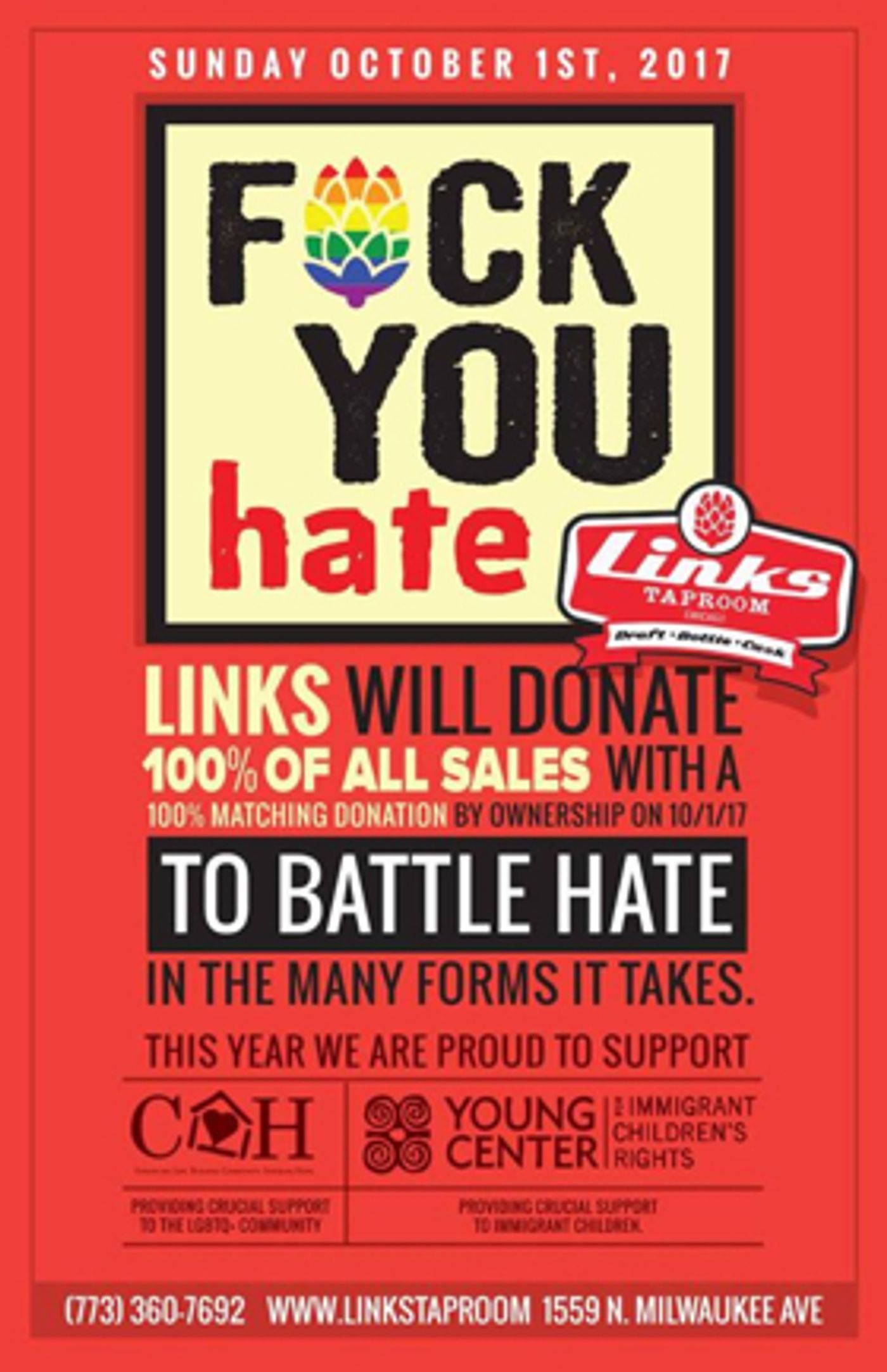 Links Taproom to Host 'F U Hate' Event for LGBTQ+ and Immigrant Children's Rights Charities Image