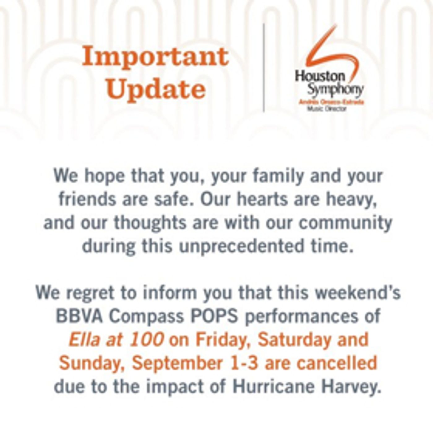 Houston Symphony Cancels POPS Series Opener Due to Impact of Hurricane Harvey  Image