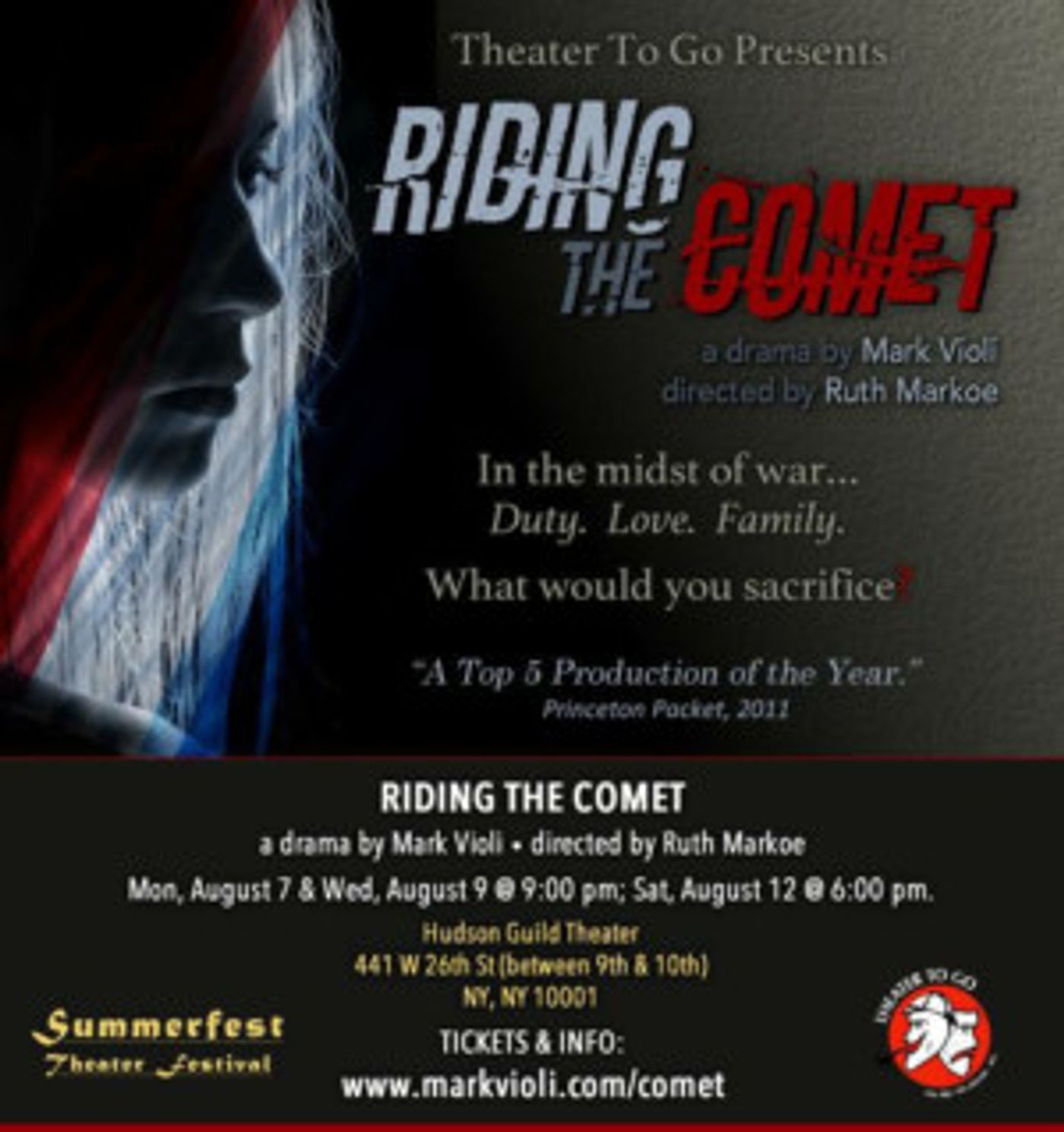 Theater To Go brings Mark Violi's gripping WWII drama 
RIDING THE COMET
to the NY Theater Festival Summerfest in August  Image