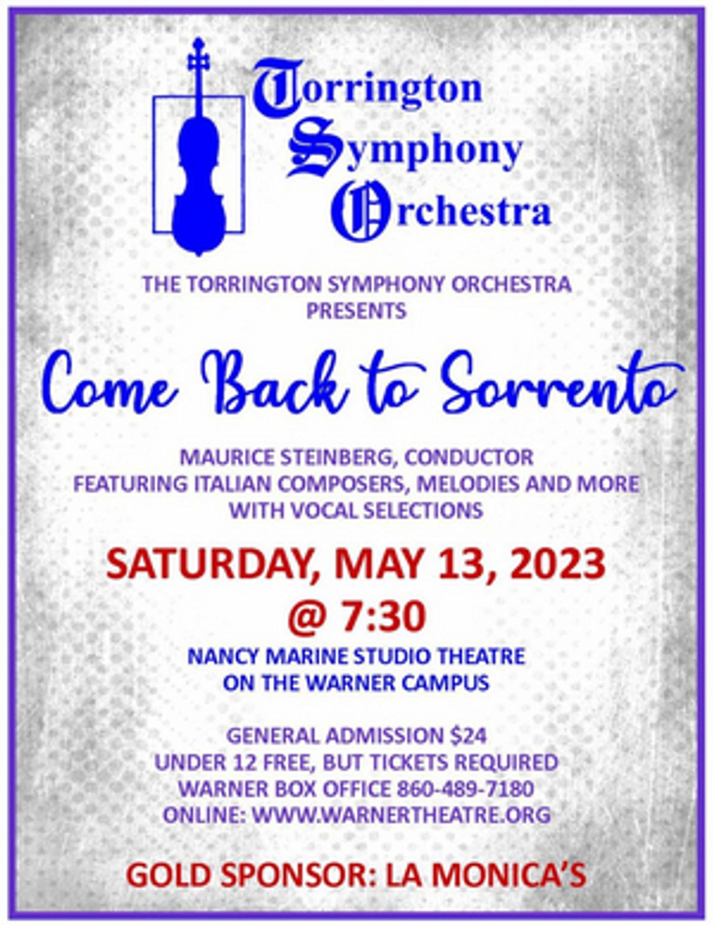 Torrington Symphony Orchestra Presents COME BACK TO SORRENTO, May 13  Image