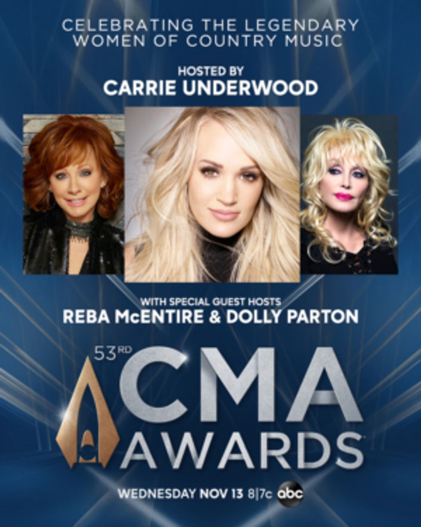 Carrie Underwood to Host the CMA AWARDS with Special Guest Hosts Dolly Parton and Reba  Image
