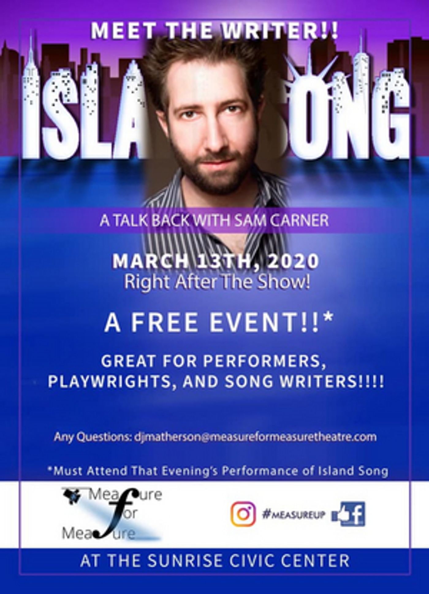 Meet Composer-Lyricist Sam Carner at Sunrise Civic Center (CANCELLED)  Image