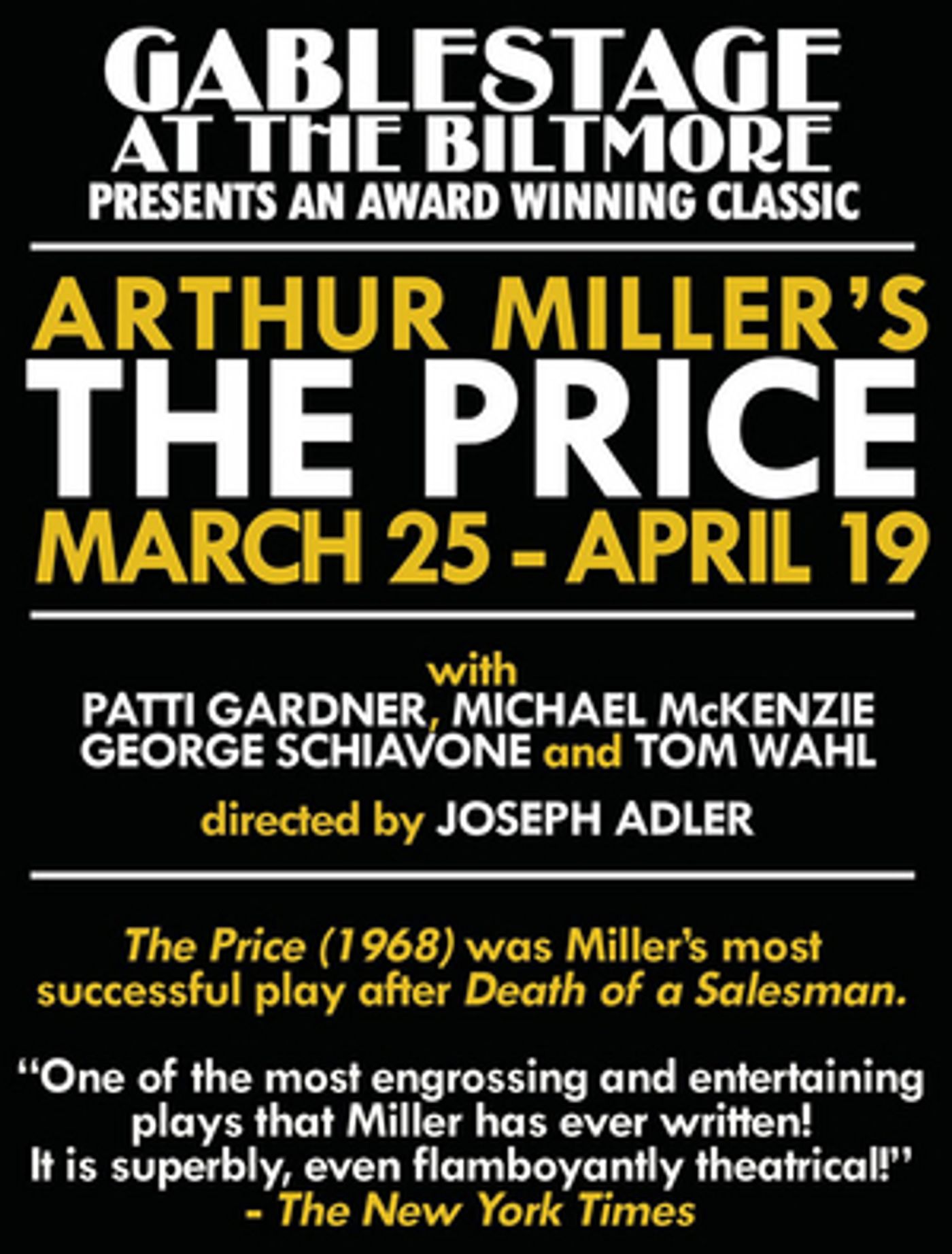 Opening of THE PRICE at GableStage Postponed  Image