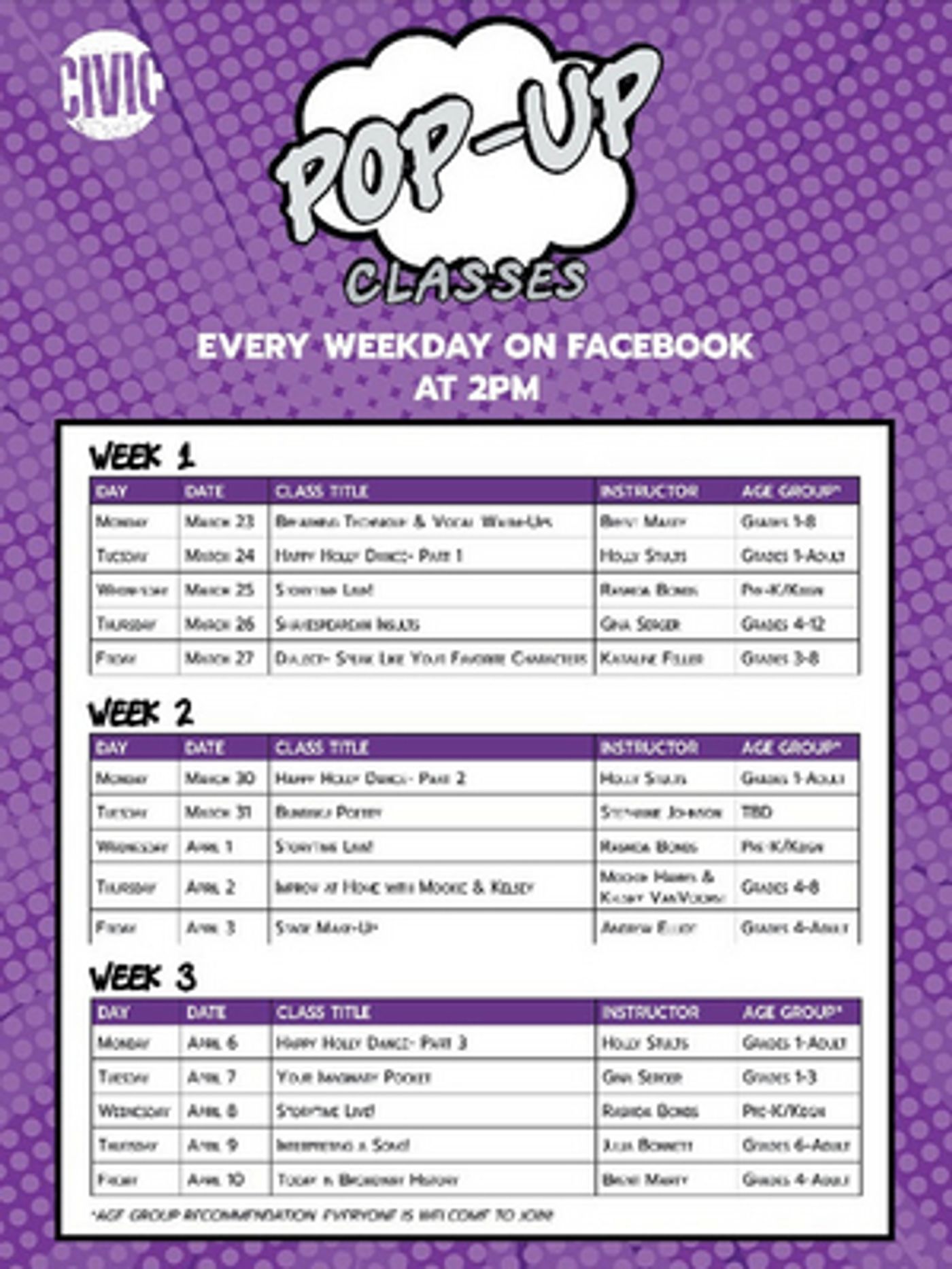 Civic Theatre Announces Pop-Up Classes  Image