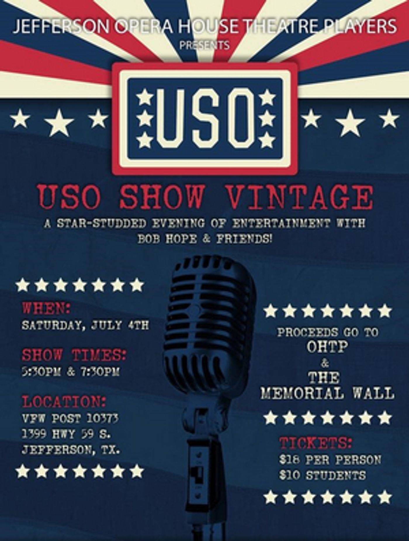 Jefferson's Texas Opera House Theatre Players Will Host USO Show Vintage July Fourth Event Jefferson's Texas Opera House Theatre Players Will Host USO Show Vintage July Fourth Event Image