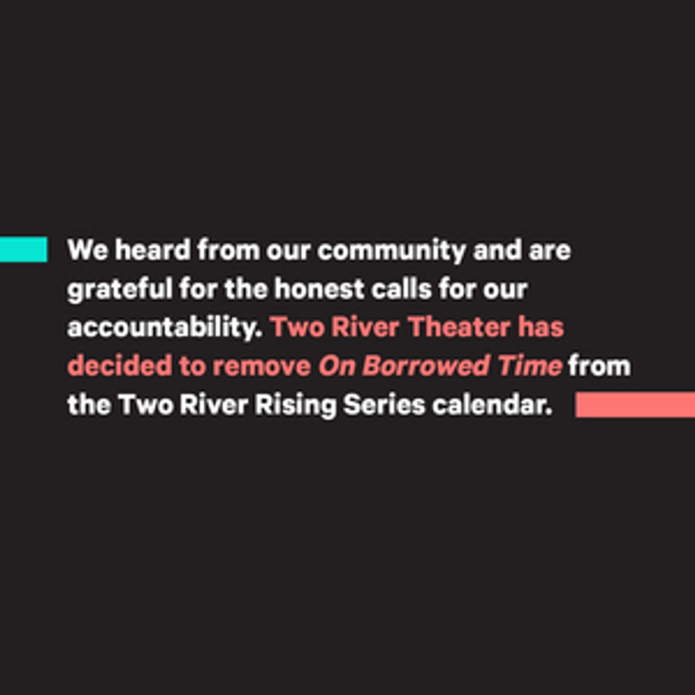 Two River Theater Cancels ON BORROWED TIME Benefit Reading After Criticisms of its Nearly All-White Cast Two River Theater Cancels ON BORROWED TIME Benefit Reading After Criticisms of its Nearly All-White Cast Image