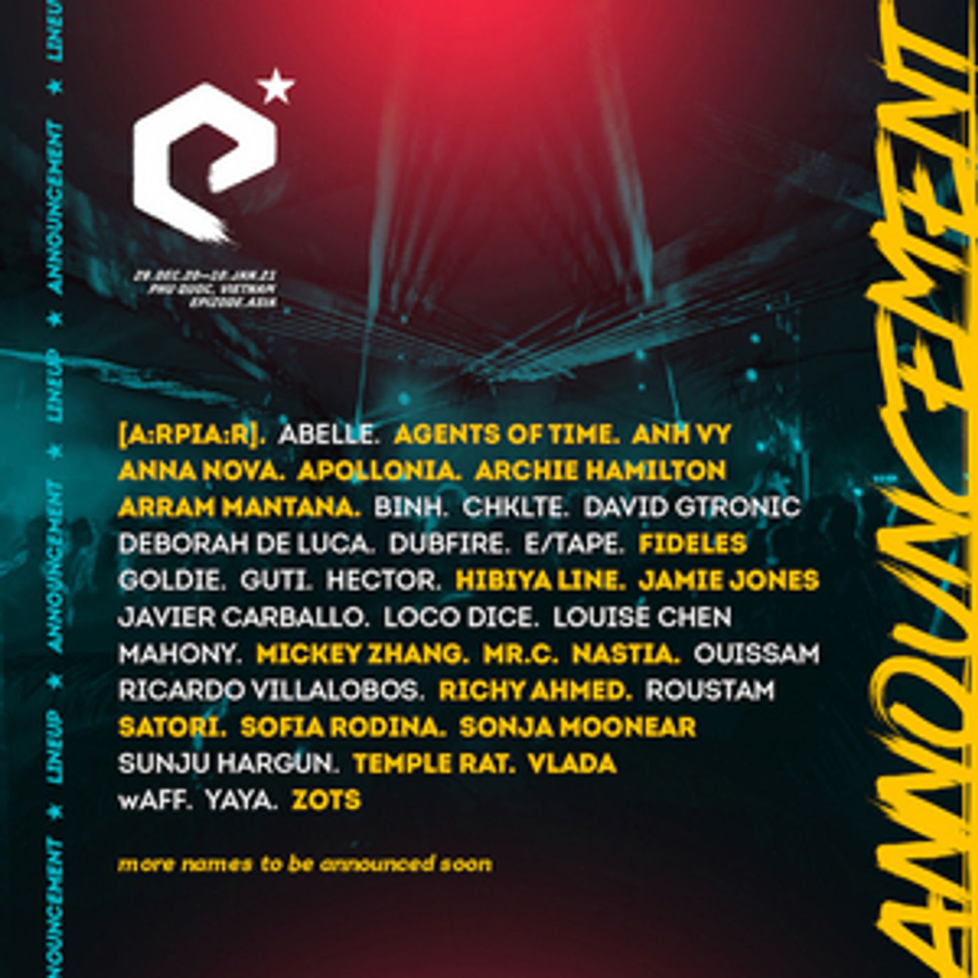 EPIZODE5: EPILOGUE reveals the second round of lineup, including JAMIE JONES, [A:RPIA:R], APOLLONIA, NASTIA, SONJA MOONEAR, ARCHIE HAMILTON, MR.C, and many more!  Image