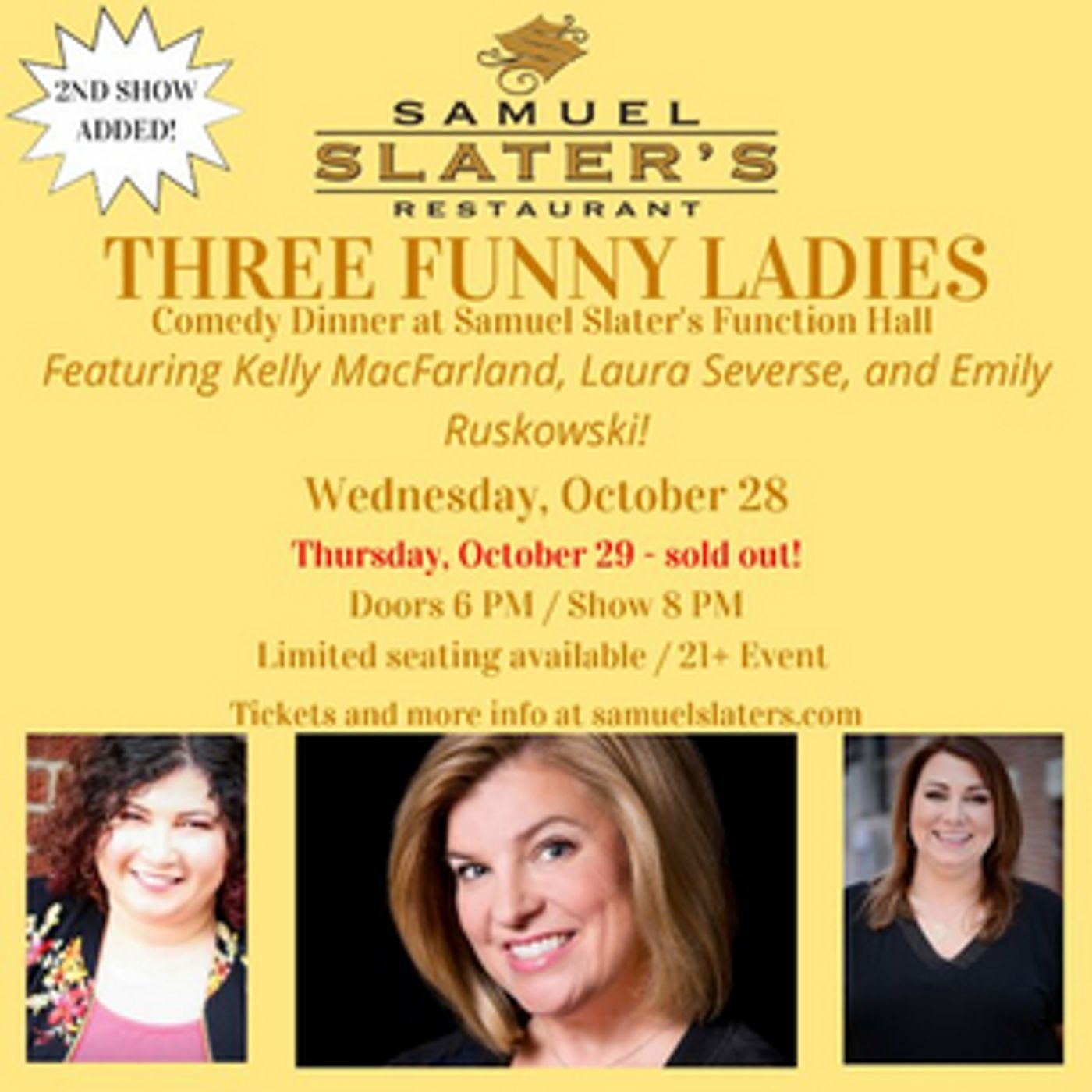 Samuel Slater's Restaurant To Host THREE FUNNY LADIES Comedy Dinners  Image