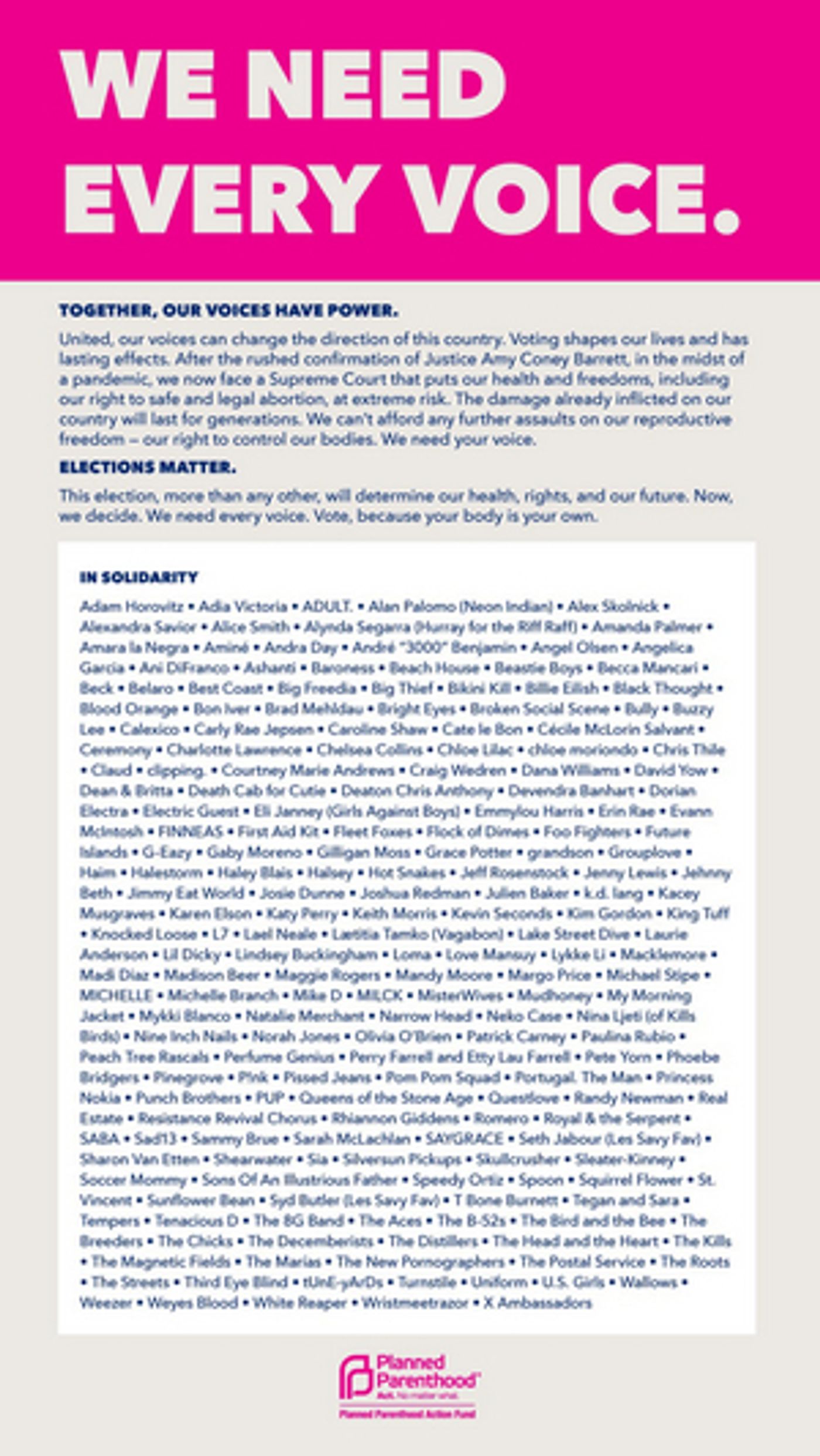 Planned Parenthood 'We Need Every Voice' Campaign Launches With Over 200 Musicians  Image