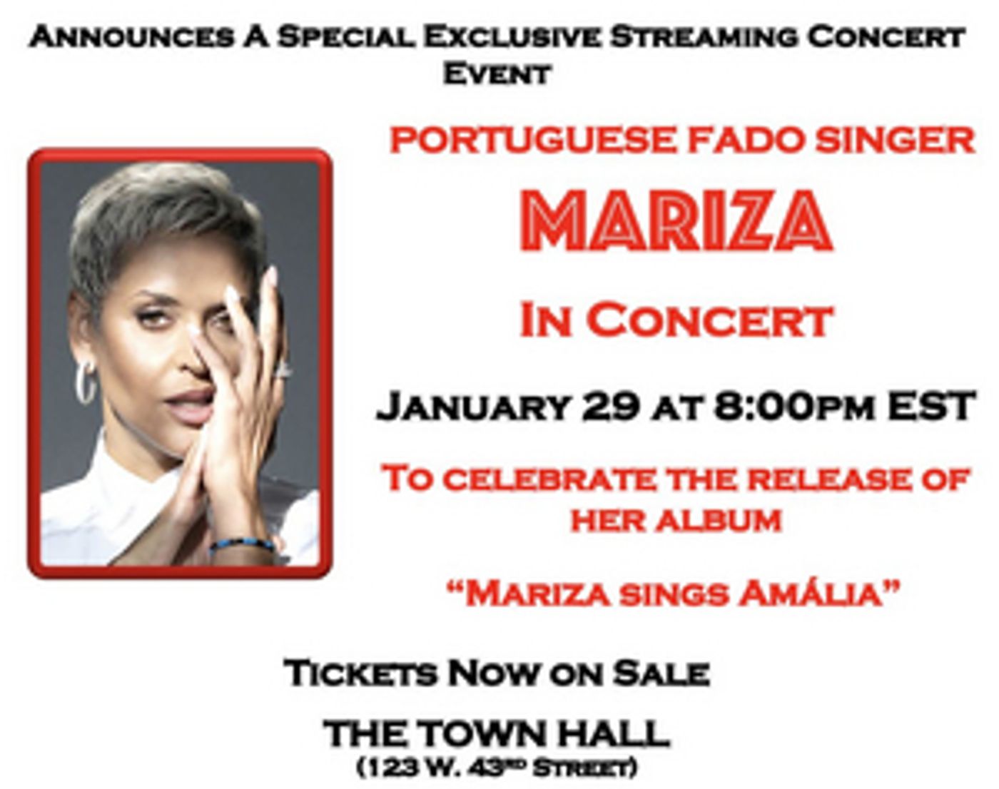 The Town Hall Presents Portuguese Fado Singer Mariza in Concert  Image