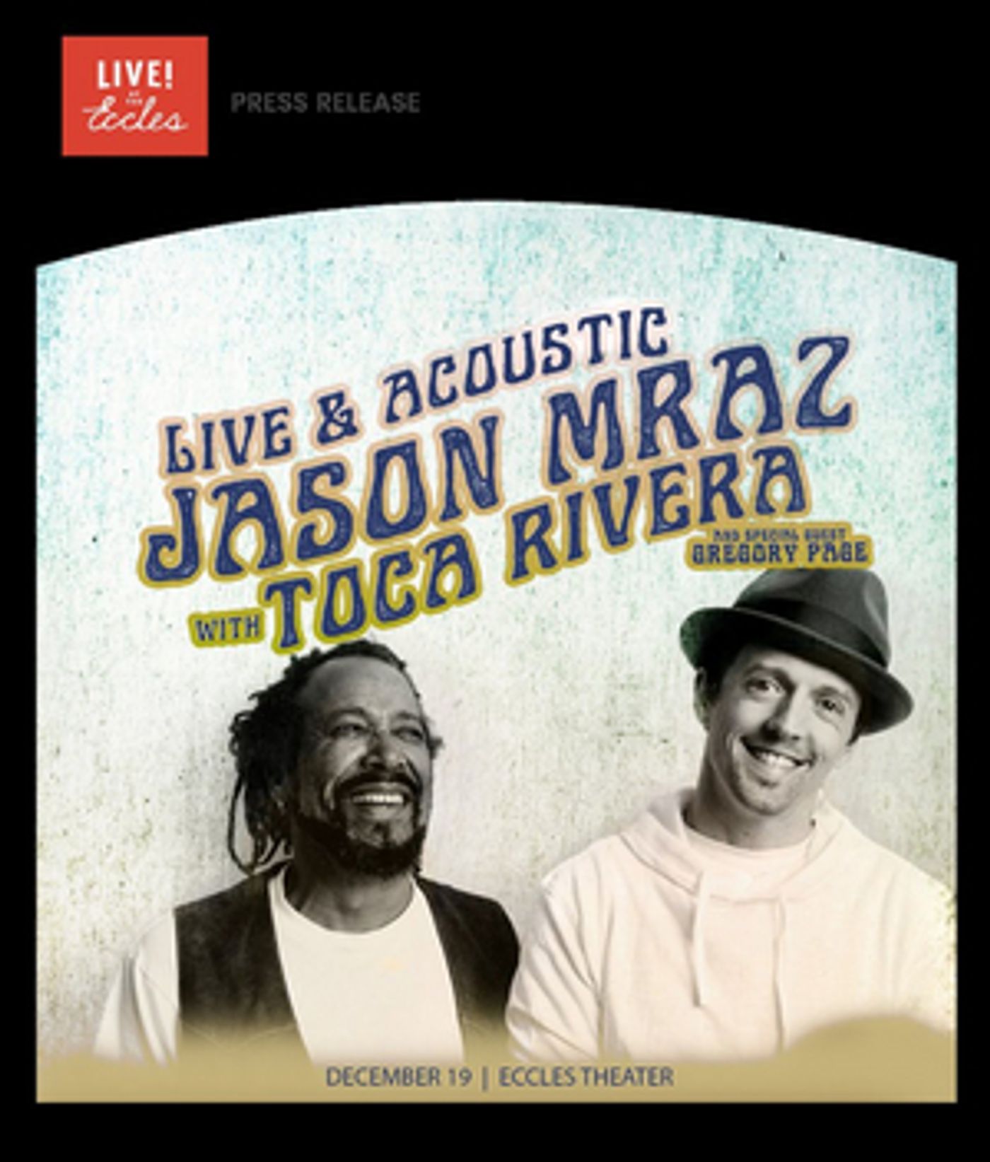 Jason Mraz With Toca Rivera Announced at Eccles Center  Image