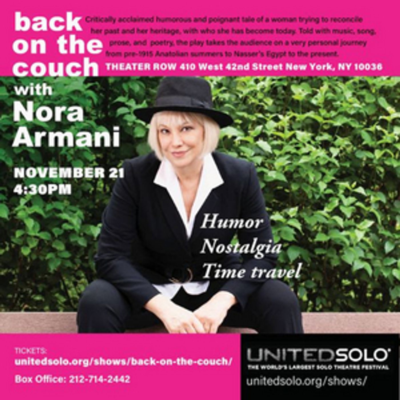 BACK ON THE COUCH WITH NORA ARMANI to be Presented at the 12th UnitedSolo Theatre Festival BACK ON THE COUCH WITH NORA ARMANI to be Presented at the 12th UnitedSolo Theatre Festival Image