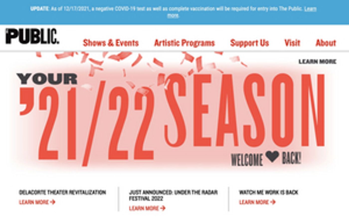 The Public Theater to Require Negative Covid Test Plus Vaccination The Public Theater to Require Negative Covid Test Plus Vaccination Image