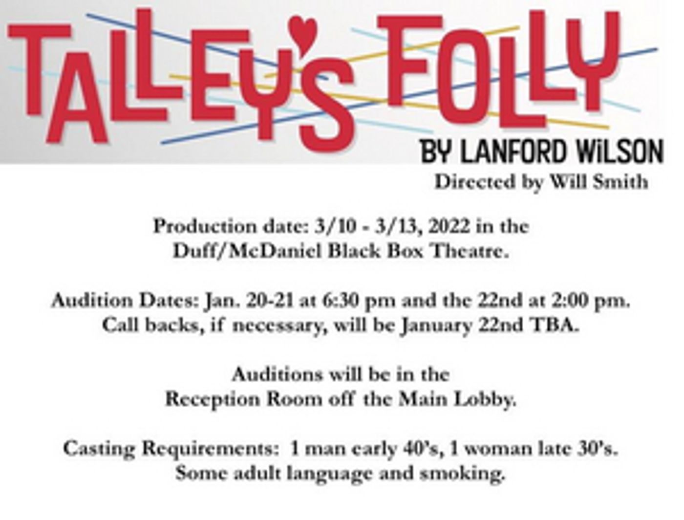 The Whole Backstage Theatre Announces Auditions For TALLEY'S FOLLY The Whole Backstage Theatre Announces Auditions For TALLEY'S FOLLY Image