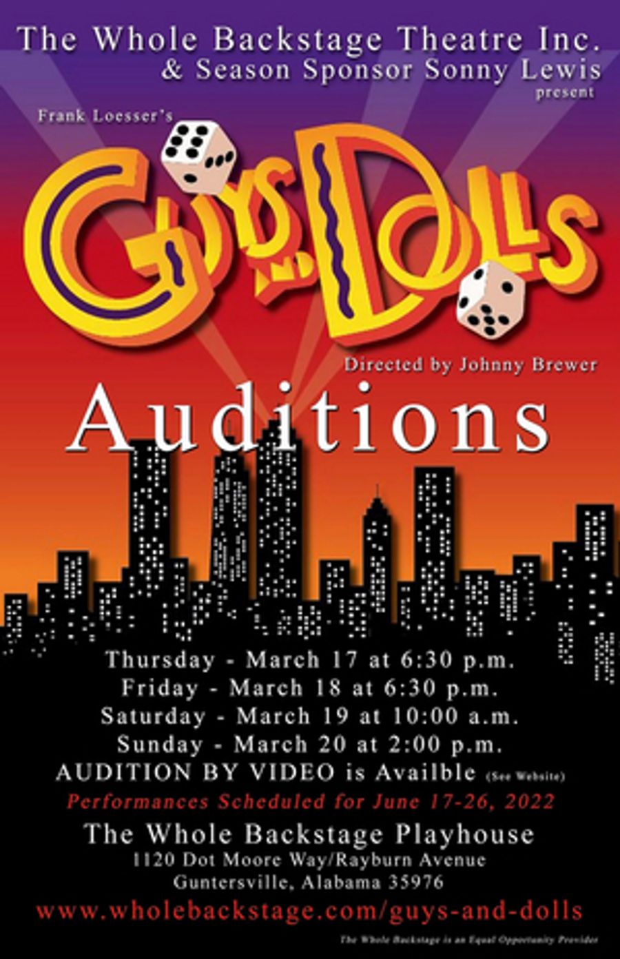 The Whole Backstage Theatre Announces Auditions For GUYS AND DOLLS Image