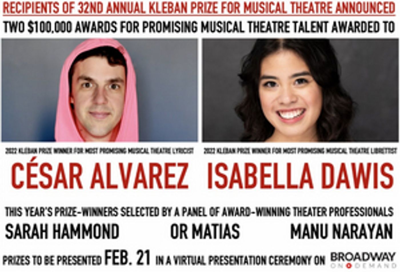 Recipients of 2022 Kleban Prize for Musical Theatre Announced  Image