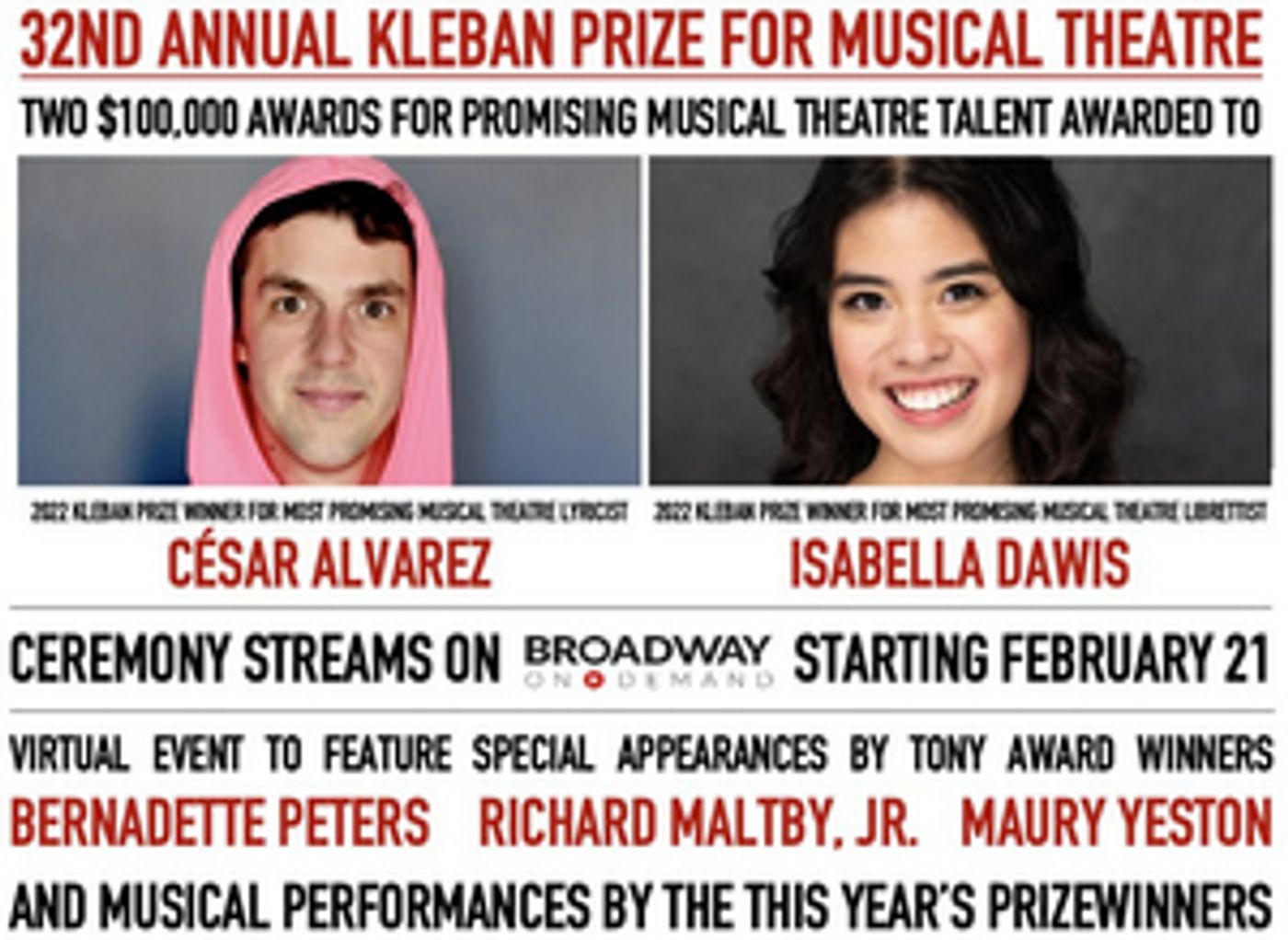 Bernadette Peters, Richard Maltby, Jr. & More to Appear at 32nd Annual Kleban Prize Ceremony  Image