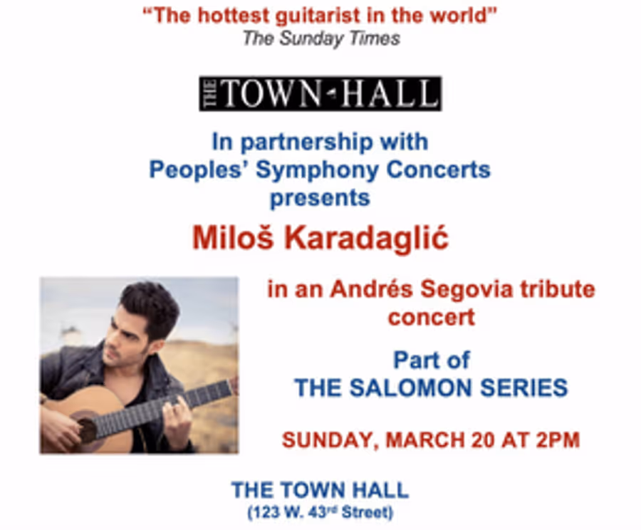 The Town Hall And Peoples' Symphony Concerts Present Miloš Karadaglić In An Andrés Segovia Tribute Concert Image