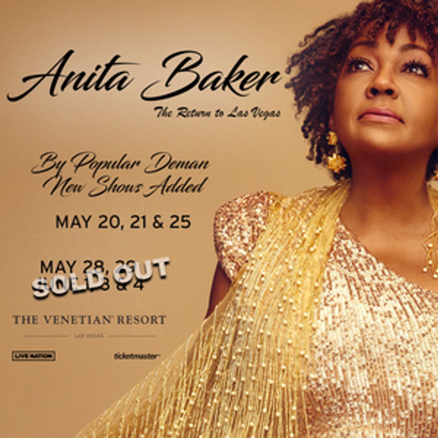 Anita Baker Adds Three Shows at the Venetian Resort Las Vegas Anita Baker Adds Three Shows at the Venetian Resort Las Vegas Image