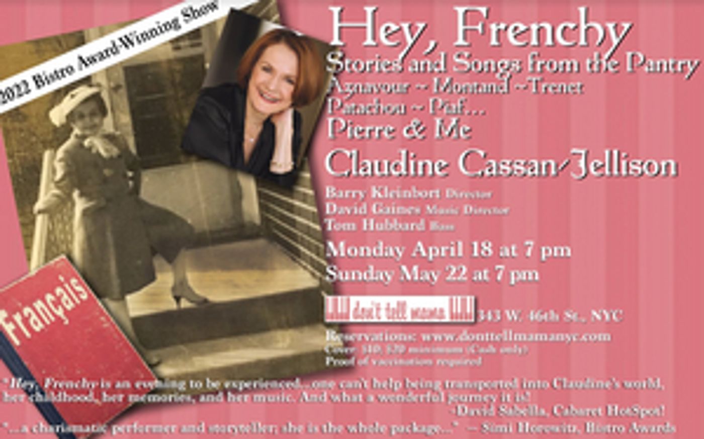 HEY FRENCHY, STORIES AND SONGS FROM THE PANTRY Named 2022 Bistro Award Winner  Image