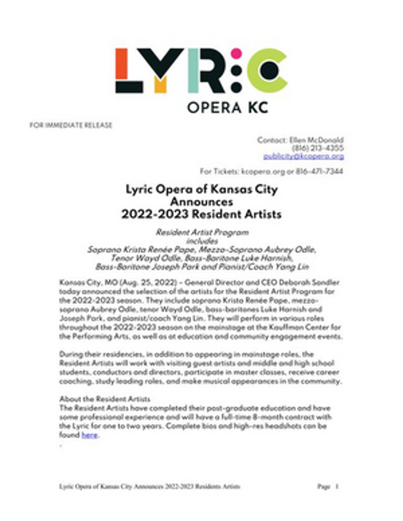 Lyric Opera Of Kansas City Announces 2022 - 2023 Resident Artists  Image