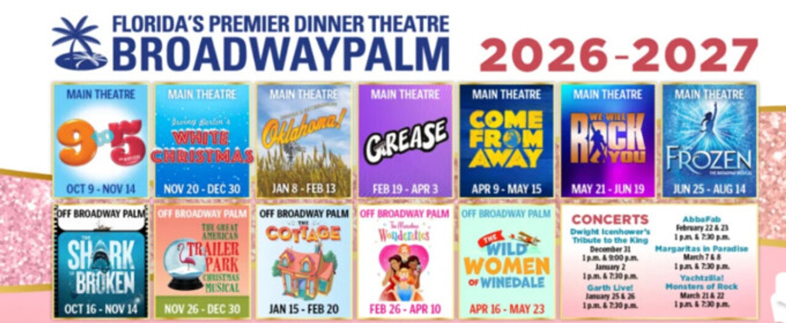 9 TO 5, OKLAHOMA!, WE WILL ROCK YOU, GREASE and WHITE CHRISTMAS Set for Broadway Palm Dinner Theatre