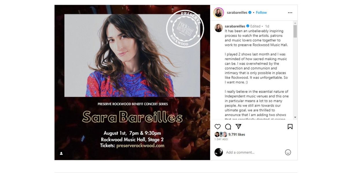 Sarah Bareilles Will Play Benefit Concerts In Order To PRESERVE ROCKWOOD MUSIC HALL