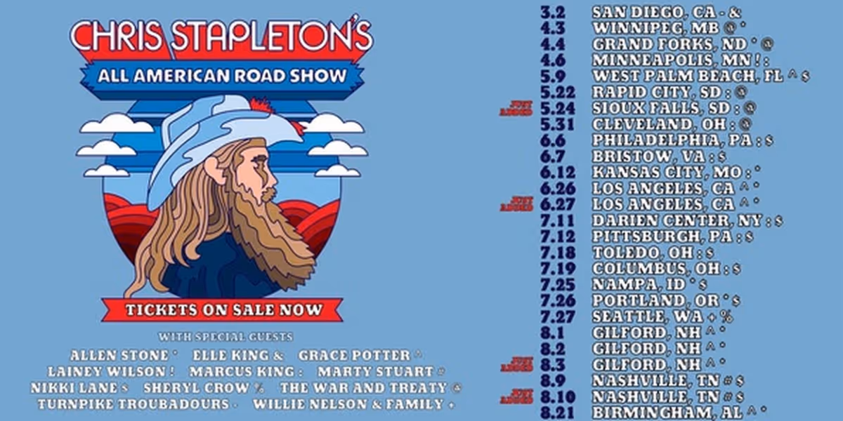 Chris Stapleton Expands 2024 'All-American Road Show' Including Additional Dates in Los Angeles, Nashville and Gilford